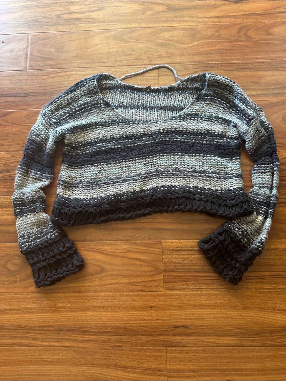 Free People Striped V-Neck Crop Sweater in Gray & Black